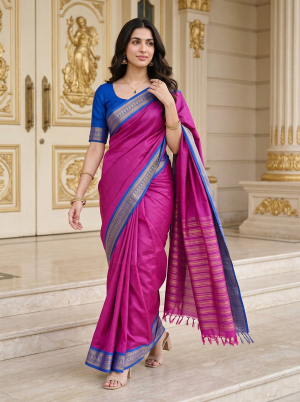 Semi Silk Magenta Pink Golden Pinstripe Saree with Blue Zari Border