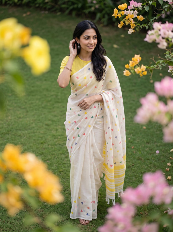 Cotton White Saree with Multicolor Triangle Print and Yellow Border