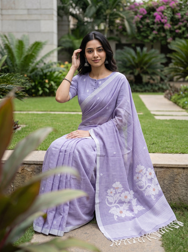 Cotton Lavender Purple Saree with White Floral Bouquet Pallu