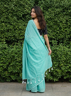 Cotton Mint Green Saree with White Tassels and Black Print