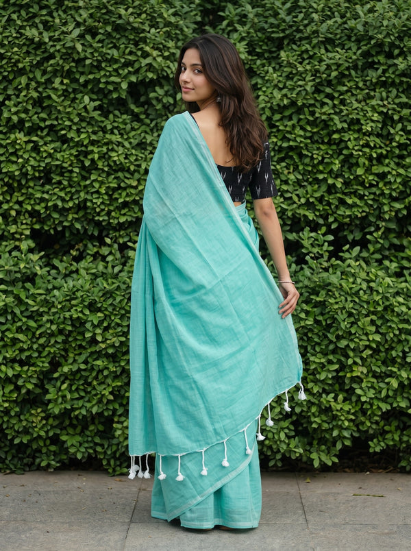 Cotton Mint Green Saree with White Tassels and Black Print
