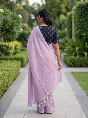 Cotton Mauve Pink Saree with White Tassels