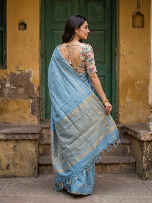 Semi Tussar Sea Blue Saree with Golden Check Grid