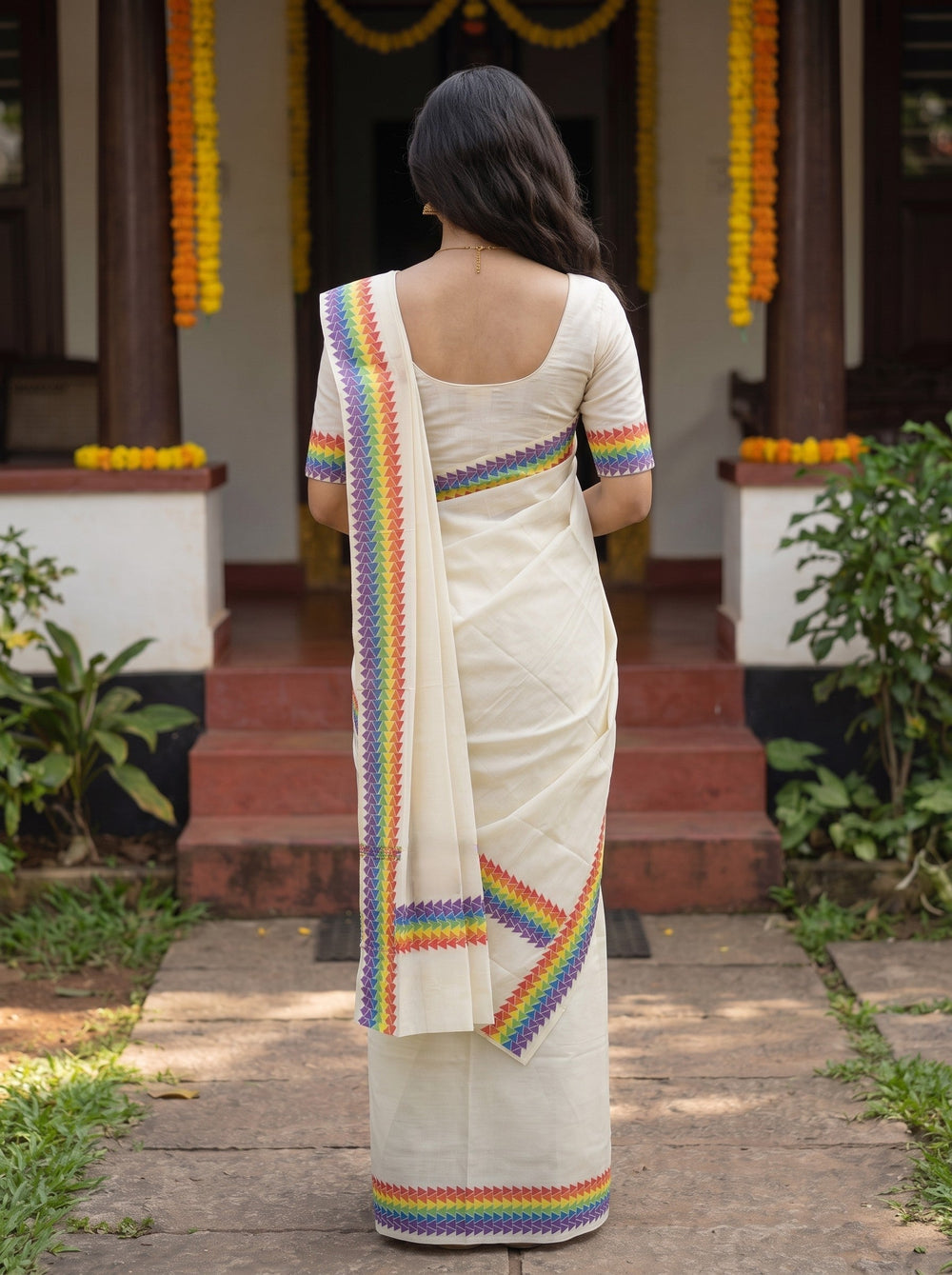 A woman stands outdoors in front of a doorway wearing a cream-colored sari with vibrant multicolored striped borders. The sari has short sleeves with matching striped cuffs, and she is wearing a simple white blouse.