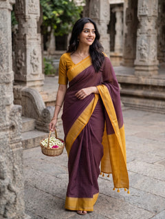 Semi Silk Purple Checkered Saree with Mustard Yellow Pallu