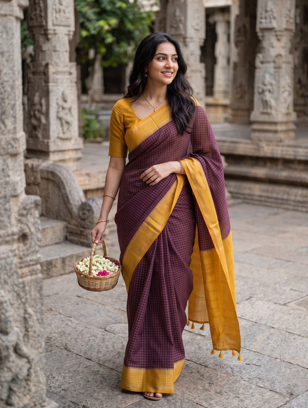Semi Silk Purple Checkered Saree with Mustard Yellow Pallu