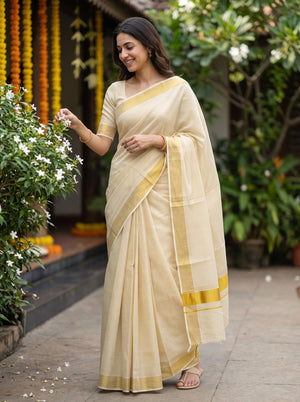 Cotton Cream White Striped Solid Golden Border Onam Kerala Saree