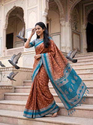 Semi Silk Burnt Orange Checkered Peacock Blue Paisley Saree