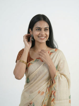 Tissue Silk Cream Autumn Leaf Print Set Saree with Chevron Border