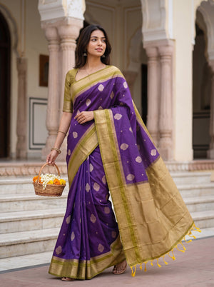 Semi Silk Deep Purple Golden Zari Scattered Butta Saree