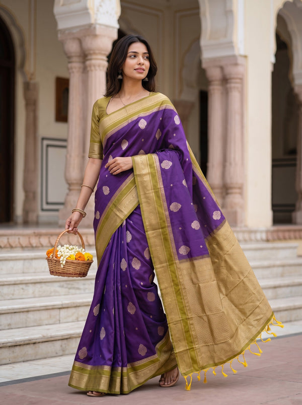 Semi Silk Deep Purple Golden Zari Scattered Butta Saree