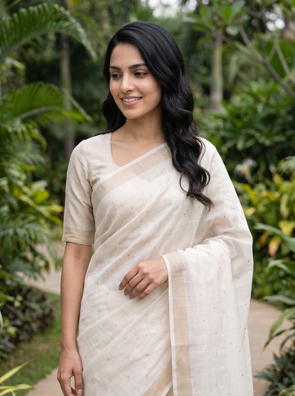 Semi Tussar Cream Geometric Pattern Saree with Striped Border and Tassels
