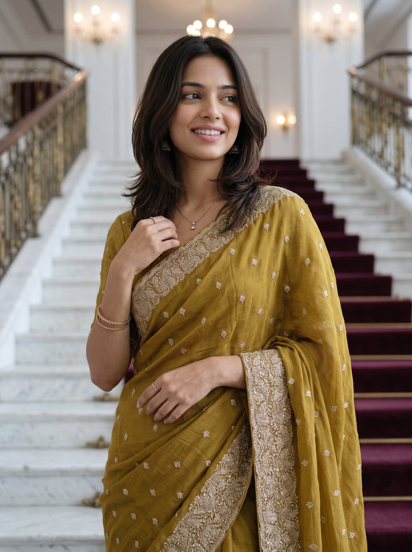 Chiffon Mustard Golden Stone Embellished Floral Border Saree