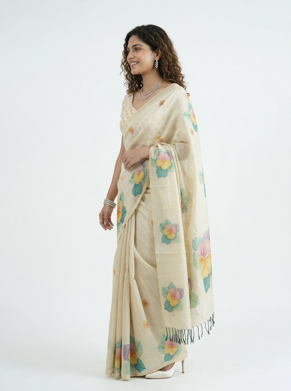 Tissue Silk Cream Watercolor Floral Print Set Saree with Tasseled Border