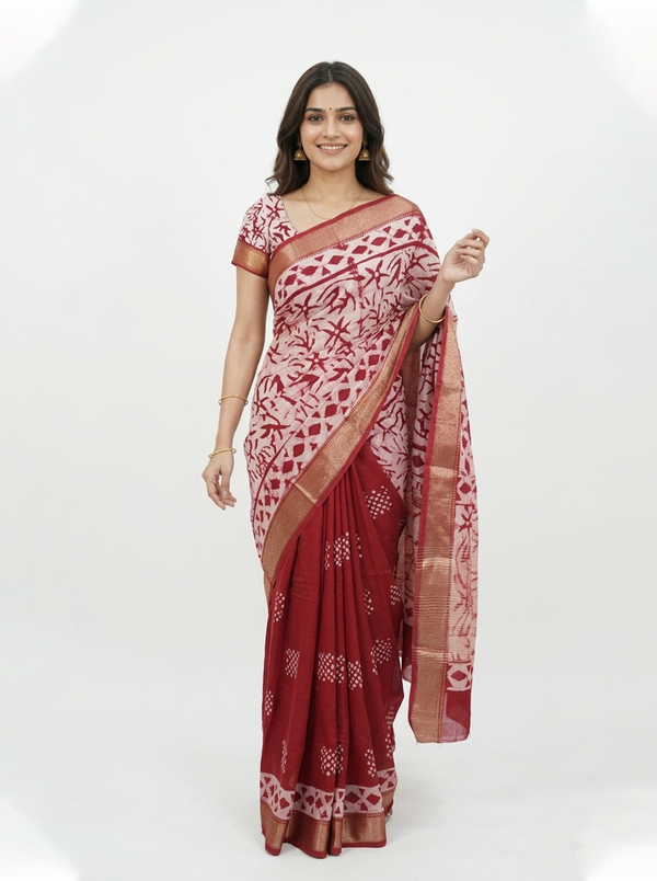Soft Cotton Maroon Triangle Print Saree with Zari Border
