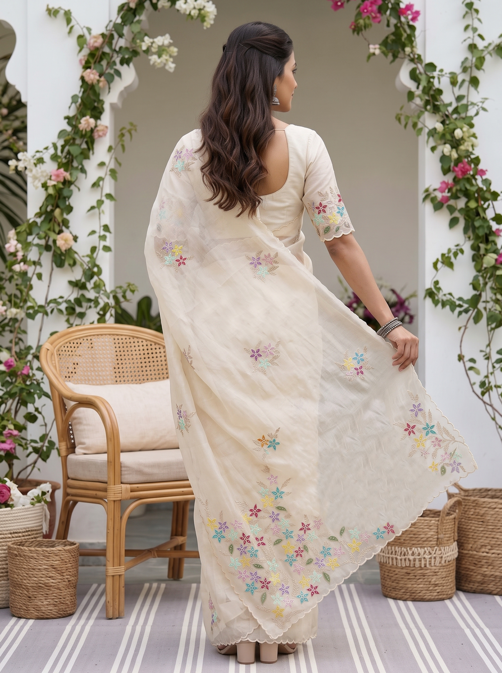 Organza Cream Multicolor Star Flower Applique Sequin Pearl Work Pallu Saree