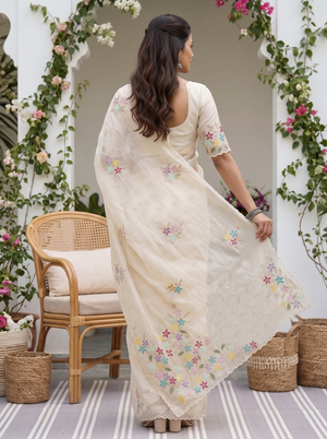 Organza Cream Multicolor Star Flower Applique Sequin Pearl Work Pallu Saree