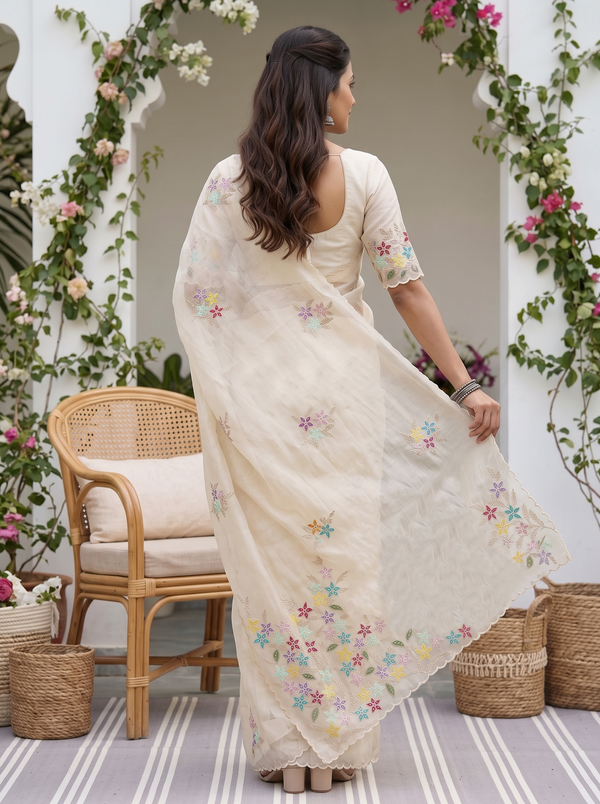 Organza Cream Multicolor Star Flower Applique Sequin Pearl Work Pallu Saree