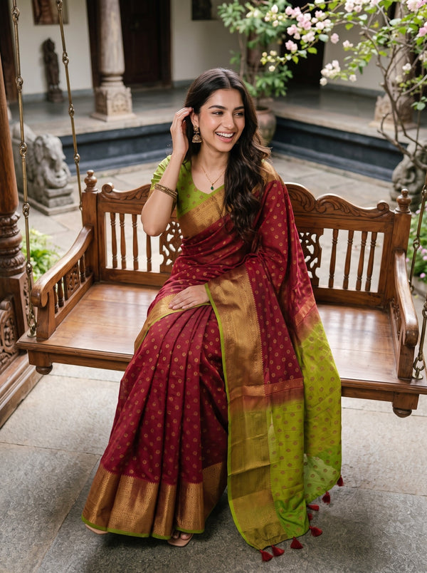 Semi Silk Maroon Green Ombre Zari Butti Saree