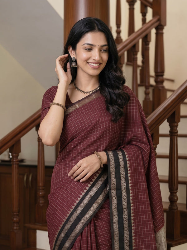Cotton Silk Maroon Checked Black Border Saree