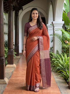 Semi Chanderi Silk Rust Orange Checkered Gold Zari Maroon Border Saree