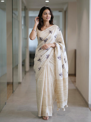 Cotton Beige Saree with Black Tribal Bird Print