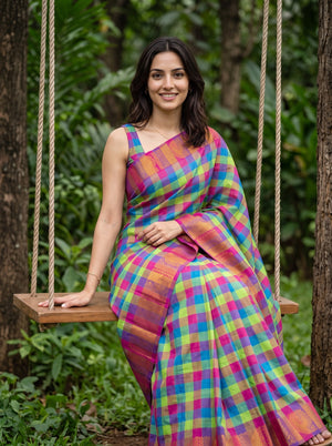 Cotton Multicolor Madras Kattam Saree with Gold Peacock Border
