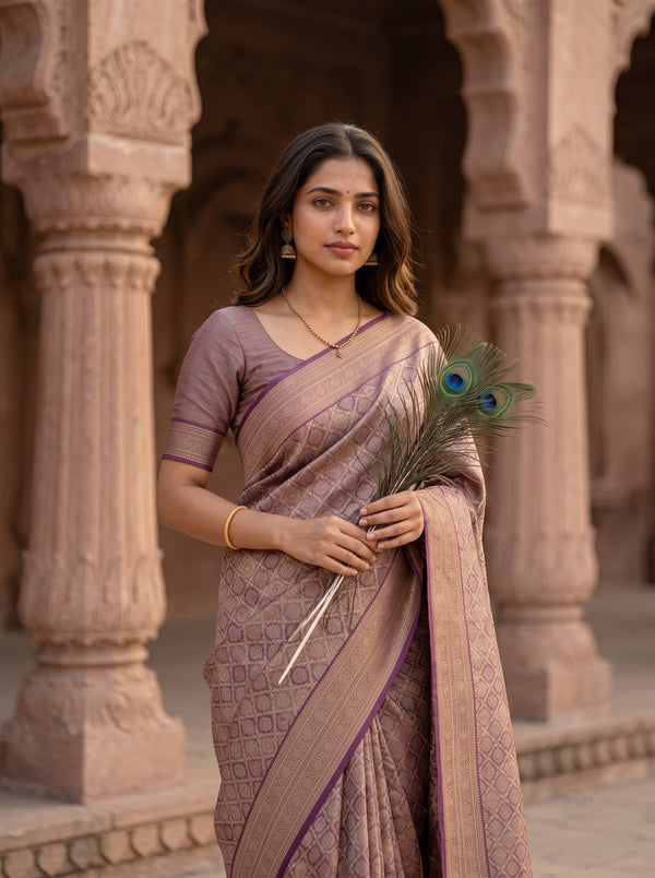 Banarasi Brocade Silk Saree in Purple with Golden Diamond Lattice Design
