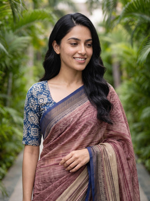 Pure Chanderi  Maroon Geometric Print Navy Border Saree