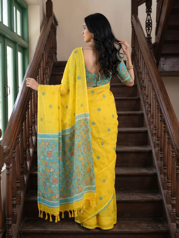 Cotton Yellow Saree with Teal Kalamkari Print Pallu