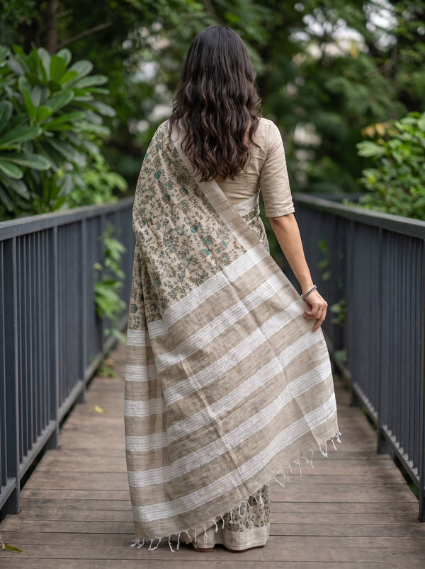 Chanderi Cotton Beige Tribal Scenic Beaded Print Saree with Striped Pallu