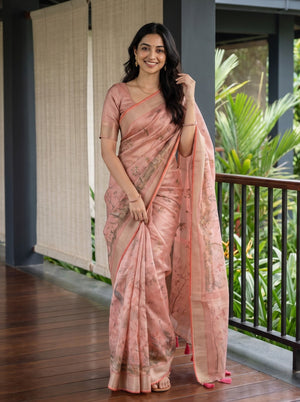 Tissue Saree in Peach with Watercolor Floral Garden Print