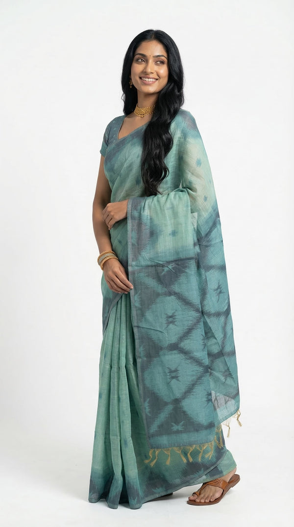 Cotton Mint Green Tie-Dye Printed Saree