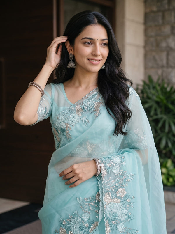 Organza Aqua Blue Zari Floral Embroidered Border Saree
