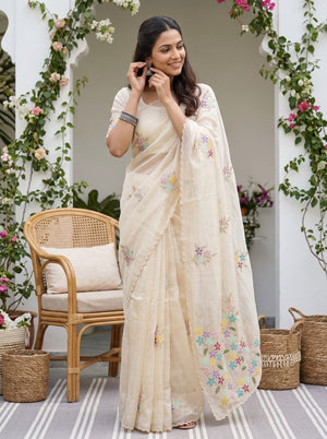 Organza Cream Multicolor Star Flower Applique Sequin Pearl Work Pallu Saree