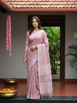 Cotton Dusty Rose Saree with Self-Tone Floral Butta Pallu