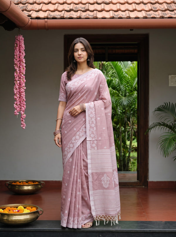 Cotton Dusty Rose Saree with Self-Tone Floral Butta Pallu