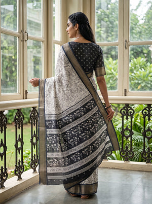 Chanderi White Saree with Black Floral Print, Contrast Border