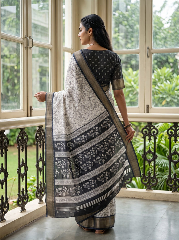 Chanderi White Saree with Black Floral Print, Contrast Border