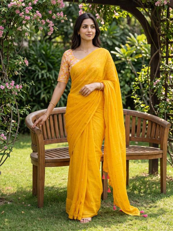 Chiffon Yellow Saree with Sequin Dots and Pink Tassels
