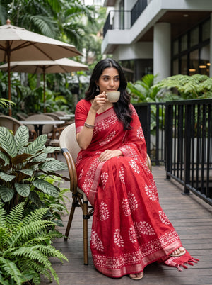 A woman wearing a red saree with white floral block prints sits on a patio chair, holding a cup. The setting is a lush, tropical outdoor cafe with green plants, wooden decking, and umbrellas.