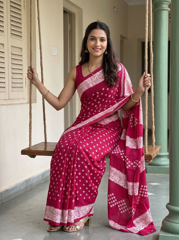 Synthetic Crimson Bandhej Print Saree