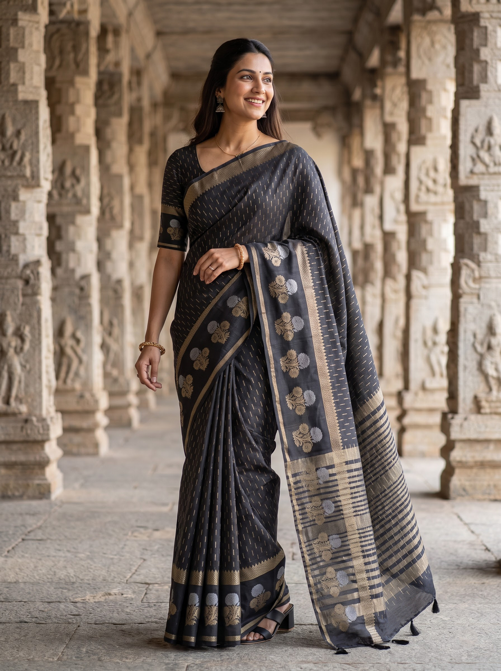 Semi Silk Black Golden Silver Floral Bouquet Border Saree with Tassels