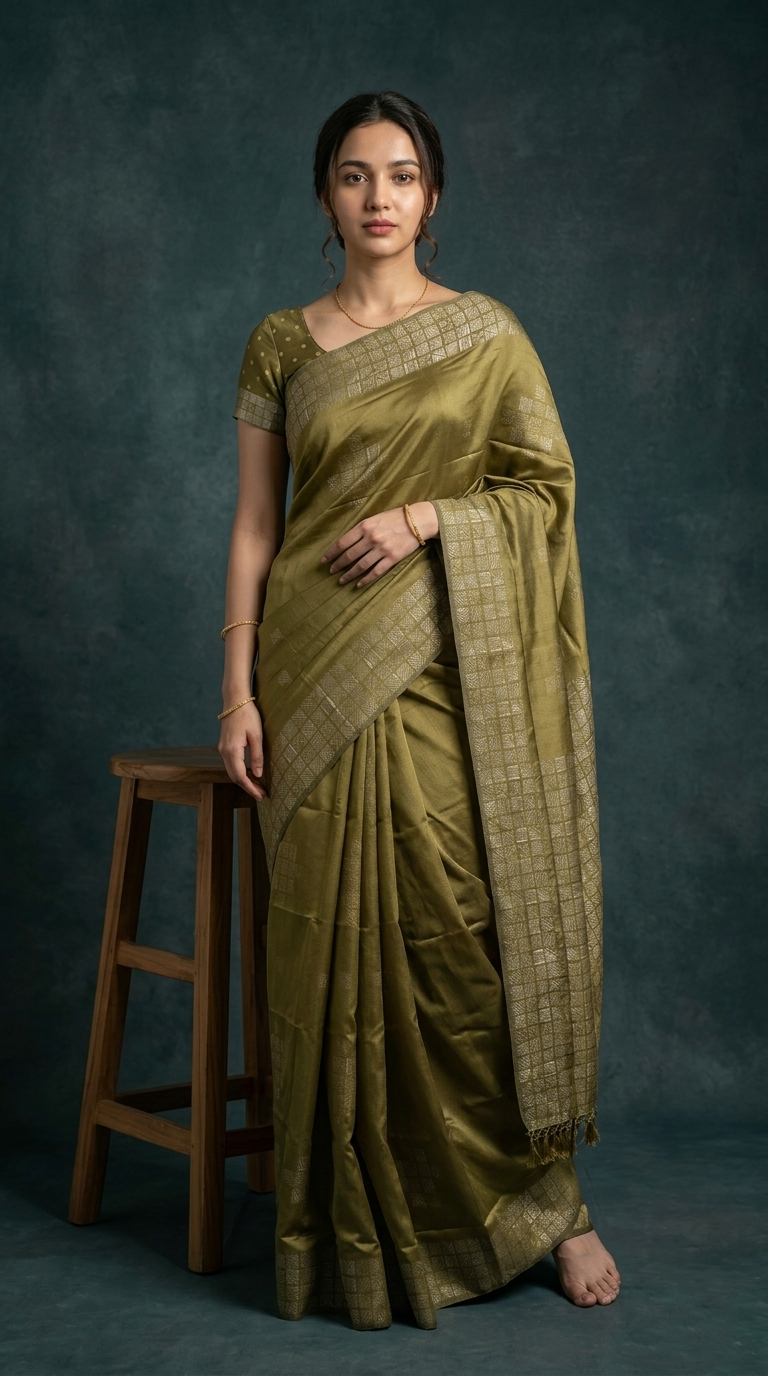 Woman wearing a green saree with a dark background