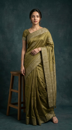 Woman wearing a green saree with a dark background