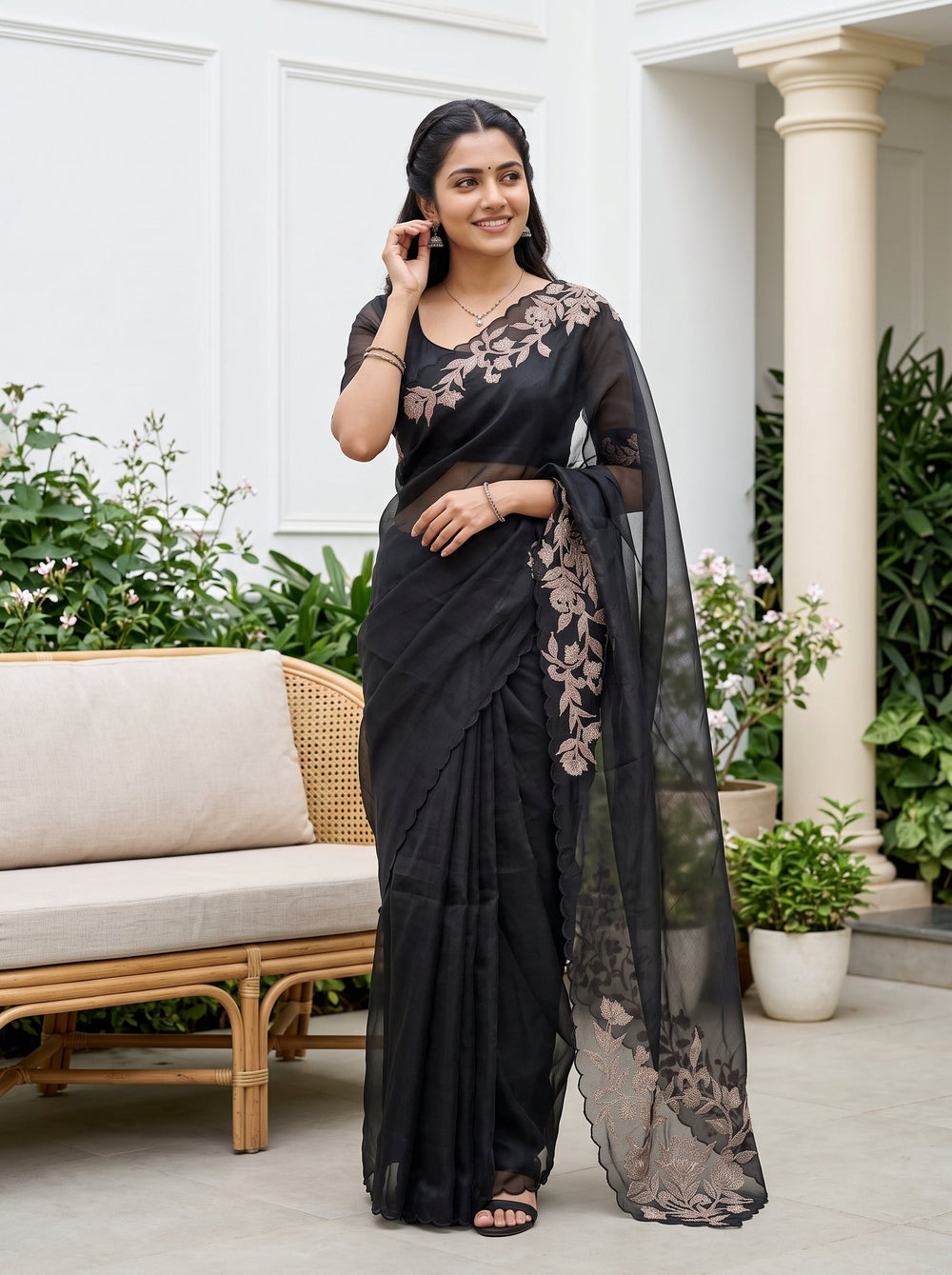Organza Black Zari Floral Vine Applique Embroidered Pallu Saree
