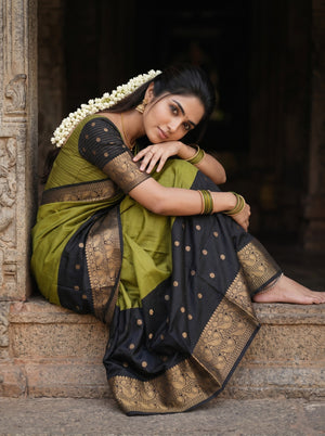 Semi Silk Olive Green Black Half and Half Golden Zari Saree with Tasseled Pallu