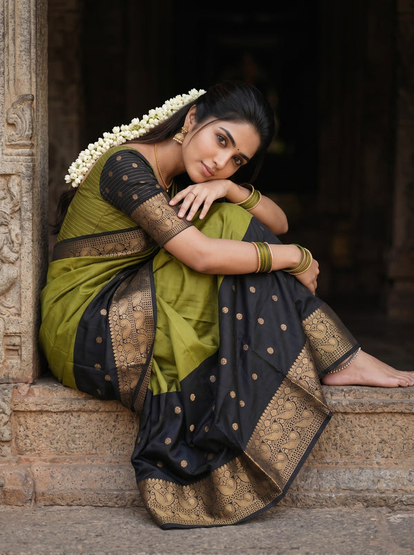 Semi Silk Olive Green Black Half and Half Golden Zari Saree with Tasseled Pallu