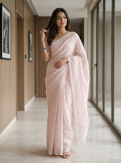 Tissue Peach Beige Striped Saree with Golden Sequin Wave Accents and Fringe