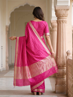 Semi Silk Hot Pink Pinstripe Saree with Golden Zari Woven Pallu